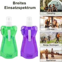 VIEVRE Összehajtható Kulacs Szett 2db - 500ml Újrahasználható Ivópalack Karabinerrel - BPA-mentes Túrázáshoz, Utazáshoz (Lila és Zöld) 7