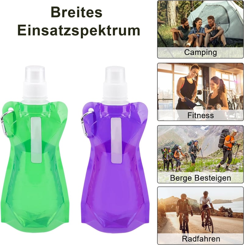 VIEVRE Összehajtható Kulacs Szett 2db - 500ml Újrahasználható Ivópalack Karabinerrel - BPA-mentes Túrázáshoz, Utazáshoz (Lila és Zöld)