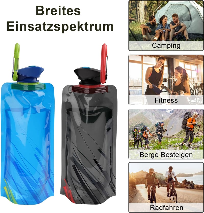 VIEVRE Összehajtható Kulacs Szett (2db) - 700ml Újrahasználható Ivópalack Karabinerrel - Ultrakönnyű Túrázáshoz, Utazáshoz, Kempingezéshez (