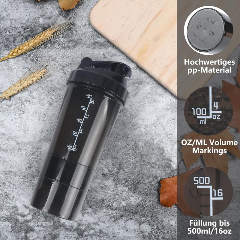 VIGIND Protein Shaker 500ml Fekete - Szivárgásmentes Fehérje Turmix Palack Golyóval és Tárolóval Edzőteremhez