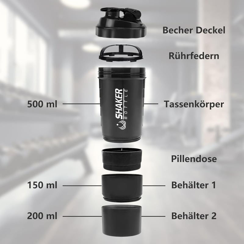 VIGIND Protein Shaker 500ml Fekete - Szivárgásmentes Fehérje Turmix Palack Golyóval és Tárolóval Edzőteremhez