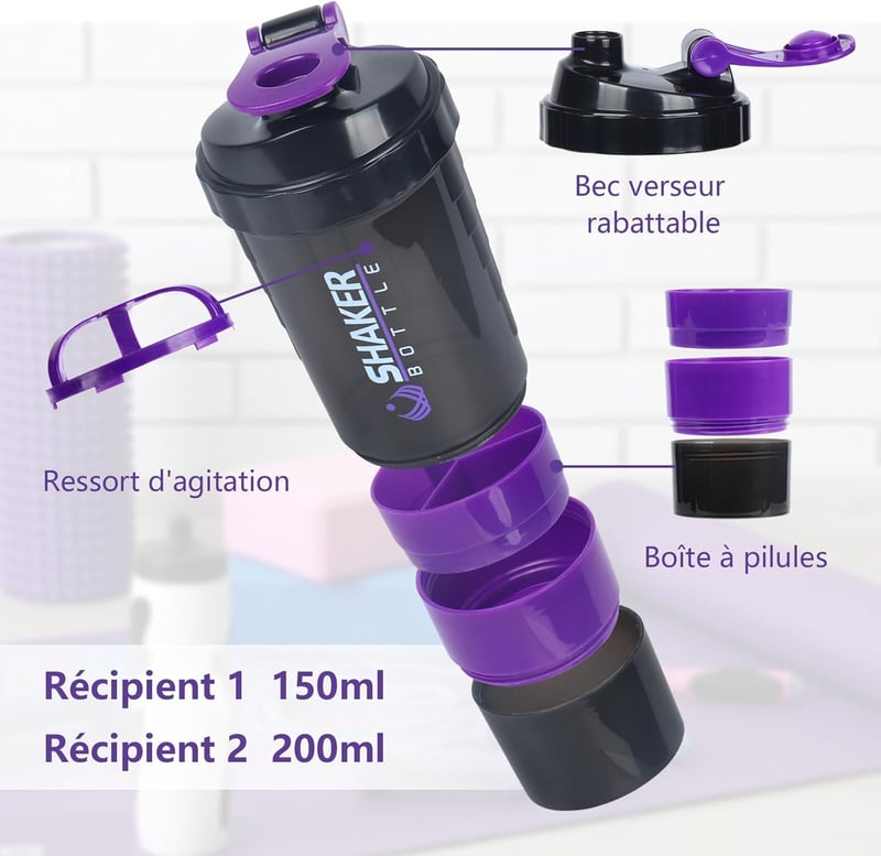 VIGIND Protein Shaker 500ml Lila - Szivárgásmentes Fehérje Keverő Palack Tárolórekeszekkel és Tabletta Tartóval