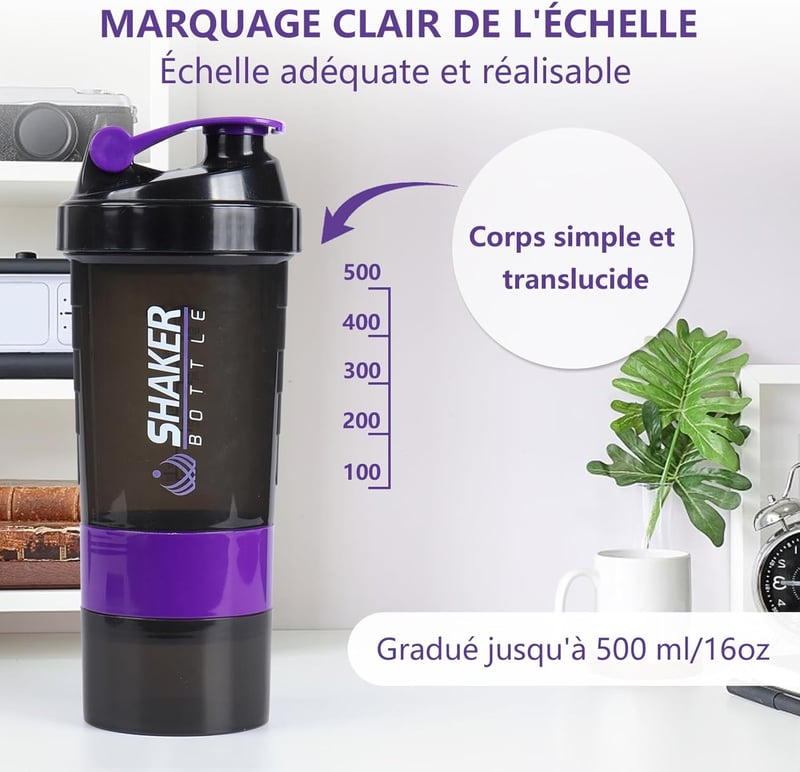 VIGIND Protein Shaker 500ml Lila - Szivárgásmentes Fehérje Keverő Palack Tárolórekeszekkel és Tabletta Tartóval
