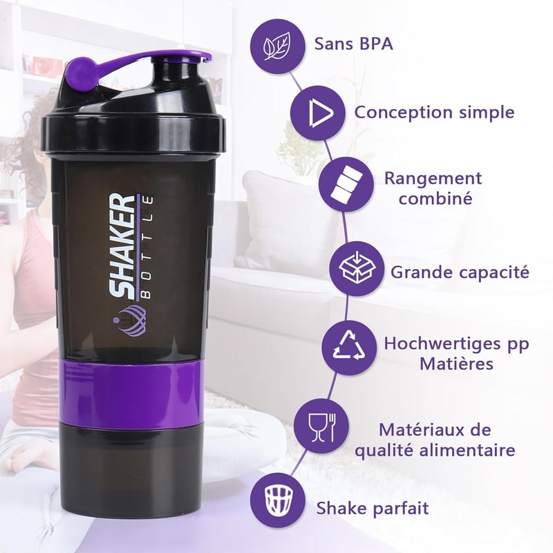 VIGIND Protein Shaker 500ml Lila - Szivárgásmentes Fehérje Keverő Palack Tárolórekeszekkel és Tabletta Tartóval