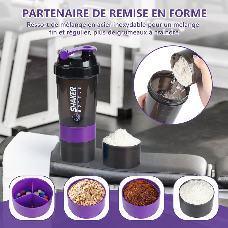 VIGIND Protein Shaker 500ml Lila - Szivárgásmentes Fehérje Keverő Palack Tárolórekeszekkel és Tabletta Tartóval