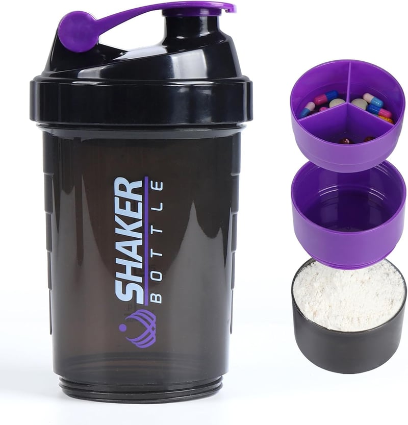 VIGIND Protein Shaker 500ml Lila - Szivárgásmentes Fehérje Keverő Palack Tárolórekeszekkel és Tabletta Tartóval