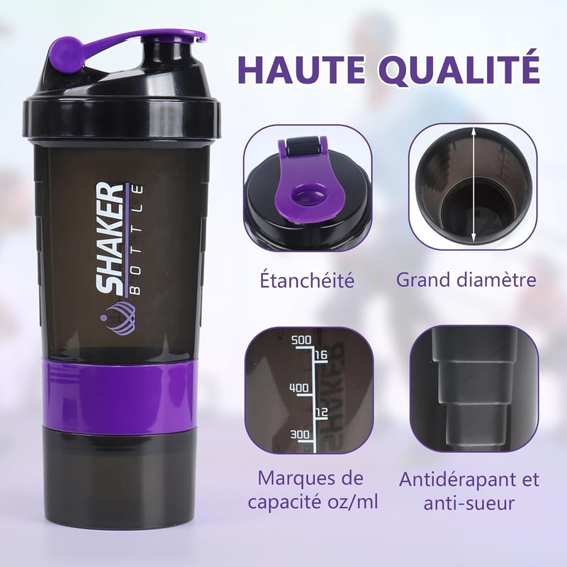 VIGIND Protein Shaker 500ml Lila - Szivárgásmentes Fehérje Keverő Palack Tárolórekeszekkel és Tabletta Tartóval
