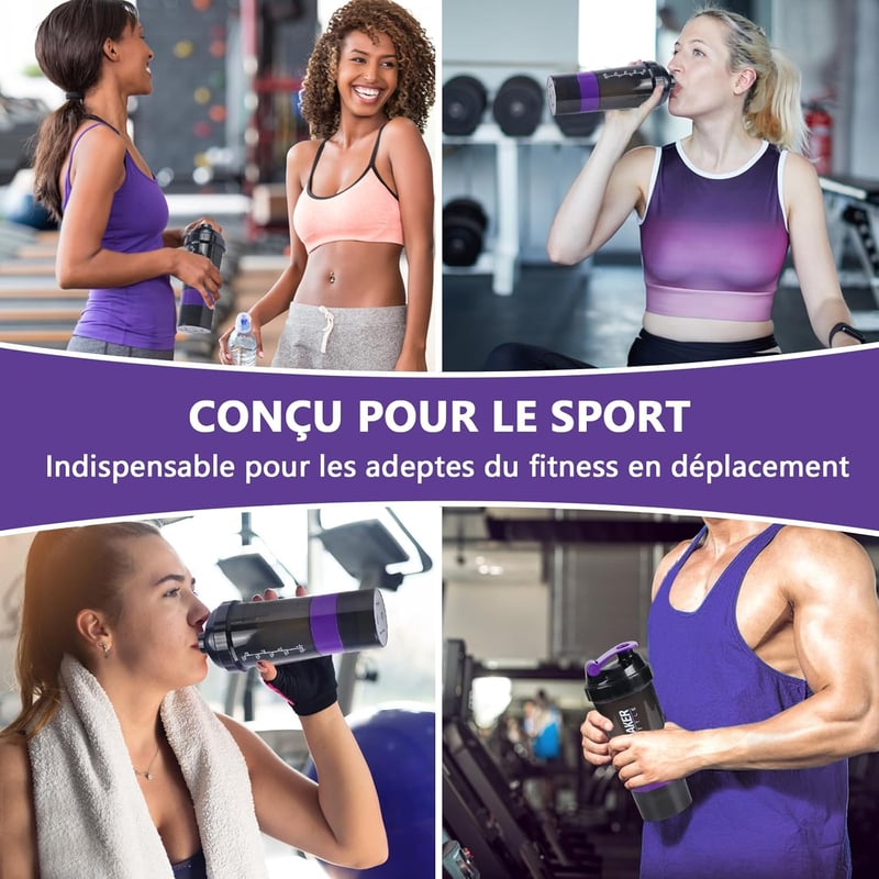 VIGIND Protein Shaker 500ml Lila - Szivárgásmentes Fehérje Keverő Palack Tárolórekeszekkel és Tabletta Tartóval