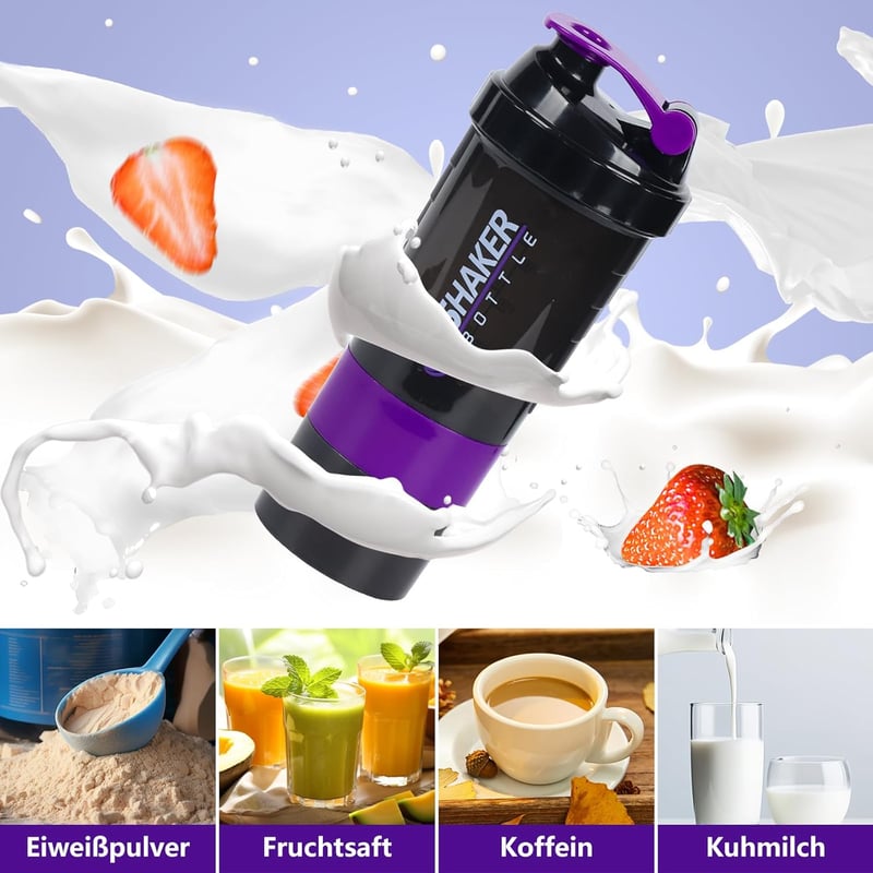 VIGIND Protein Shaker 500ml Lila - Szivárgásmentes Fehérje Turmixpalack Golyóval és Tárolóval Edzőterembe