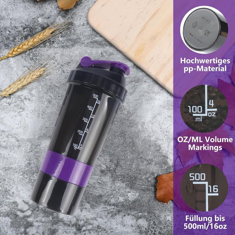 VIGIND Protein Shaker 500ml Lila - Szivárgásmentes Fehérje Turmixpalack Golyóval és Tárolóval Edzőterembe