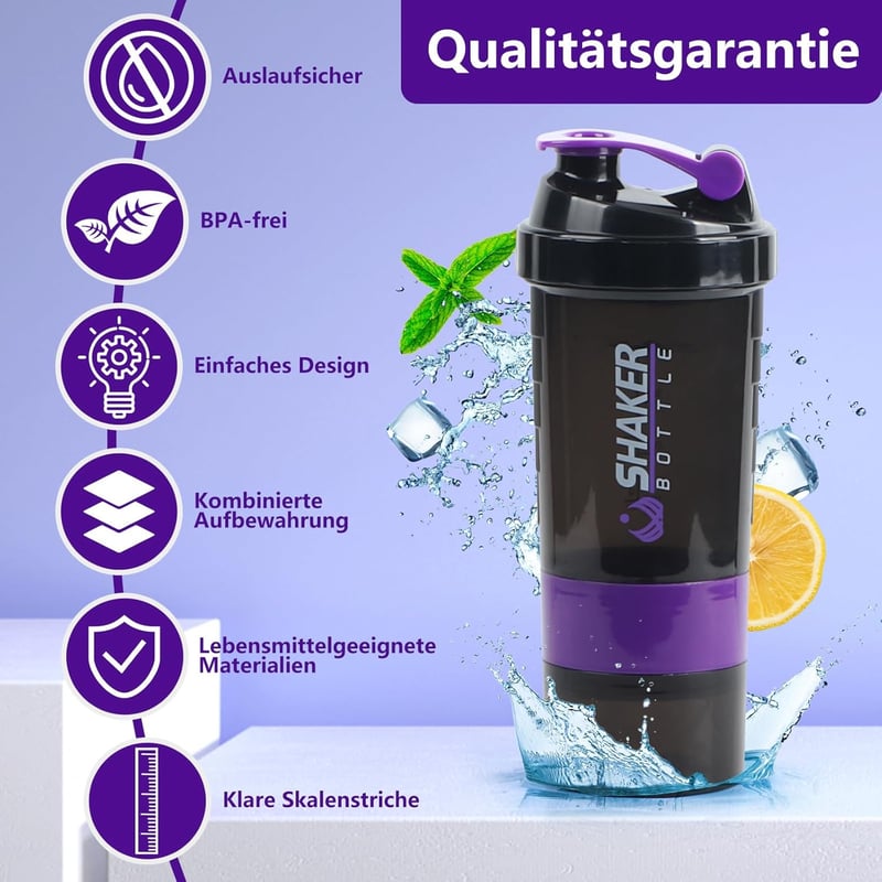 VIGIND Protein Shaker 500ml Lila - Szivárgásmentes Fehérje Turmixpalack Golyóval és Tárolóval Edzőterembe