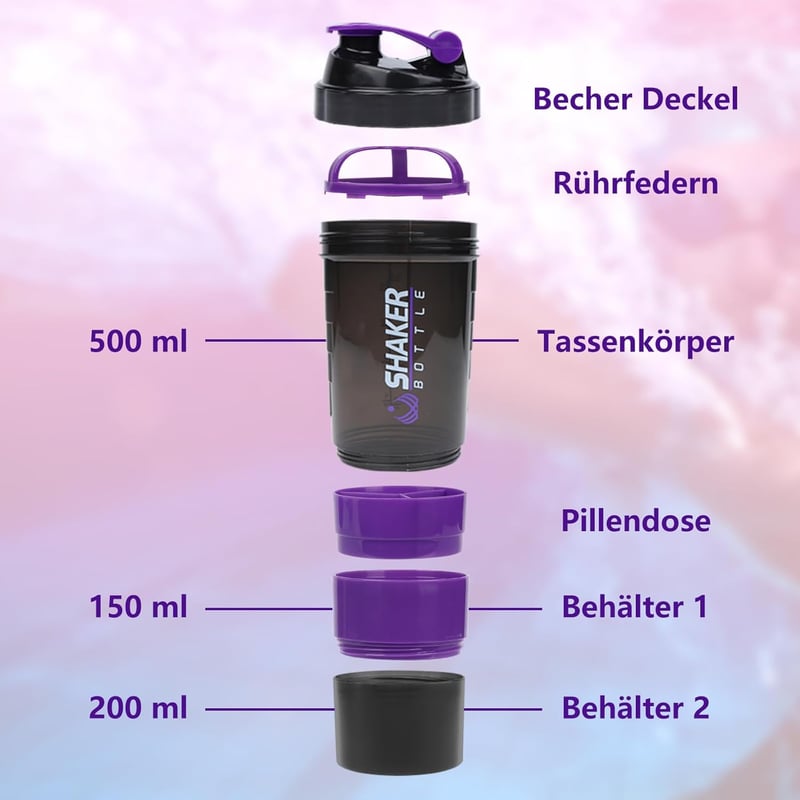 VIGIND Protein Shaker 500ml Lila - Szivárgásmentes Fehérje Turmixpalack Golyóval és Tárolóval Edzőterembe