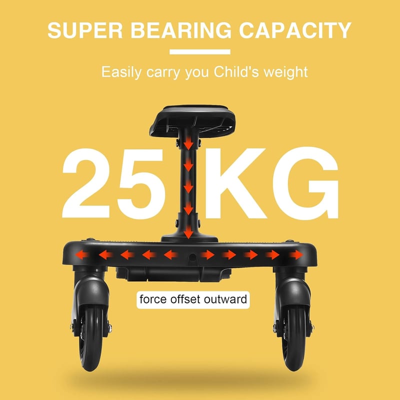 Vihir Univerzális Babakocsi Toldalék Ülőkével, Buggy Board 2-6 Éves Gyermekeknek, 25kg Teherbírású Fellépő, Fekete Babakocsitoldalék PU Forg