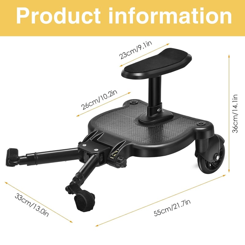 Vihir Univerzális Babakocsi Toldalék Ülőkével, Buggy Board 2-6 Éves Gyermekeknek, 25kg Teherbírású Fellépő, Fekete Babakocsitoldalék PU Forg