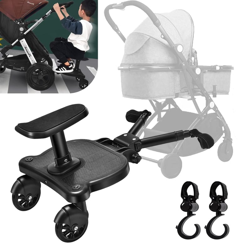 Vihir Univerzális Babakocsi Toldalék Ülőkével, Buggy Board 2-6 Éves Gyermekeknek, 25kg Teherbírású Fellépő, Fekete Babakocsitoldalék PU Forg