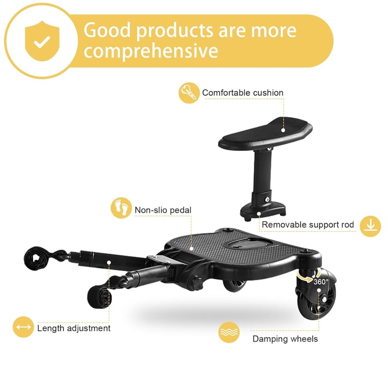 Vihir Univerzális Babakocsi Toldalék Ülőkével, Buggy Board 2-6 Éves Gyermekeknek, 25kg Teherbírású Fellépő, Fekete Babakocsitoldalék PU Forg