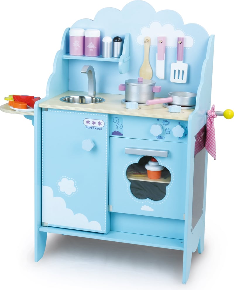 Bucătărie de jucărie pentru copii Vilac 8107 Cucina tra Le Nuvole - Design cu nori albaștri, cu accesorii multicolore