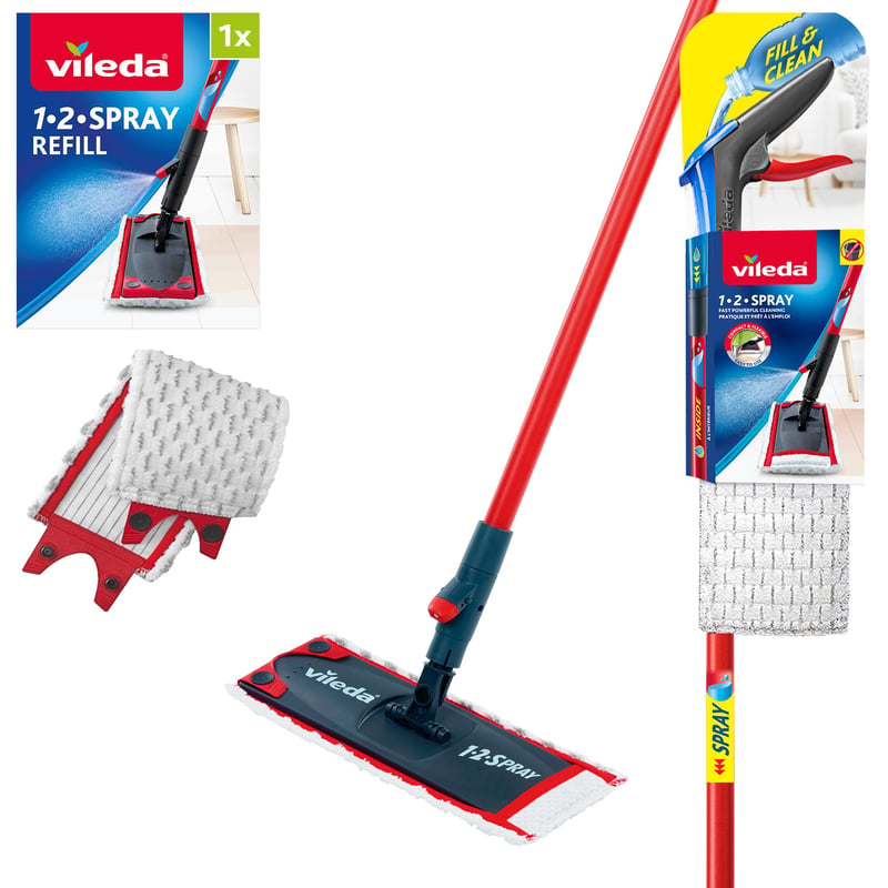 Plochý mop Vileda 1-2 Spray s náhradným návlekom z mikrovlákna, červený, 250 ml nádržka, 130 cm tyč, možno prať v práčke