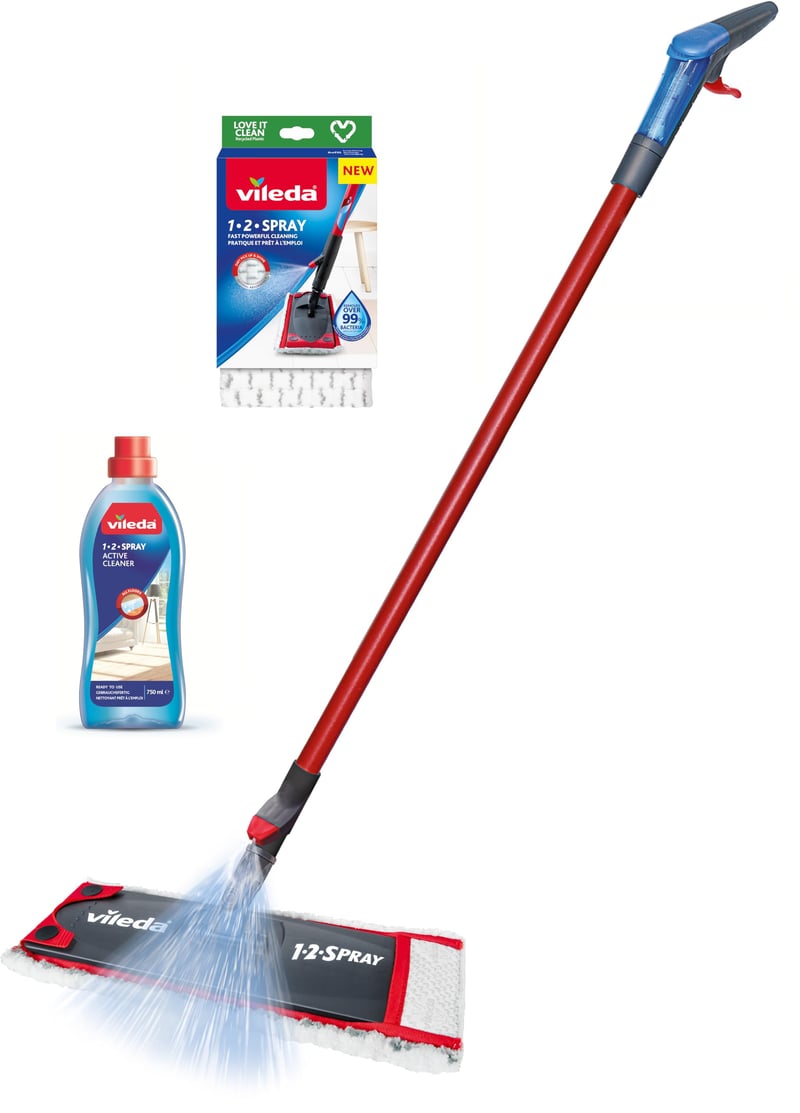 Vileda 1-2 Spray Starter Pack – Spray Felmosó + Azonnal Használható Tisztítószer + Utántöltő, Piros-Fekete