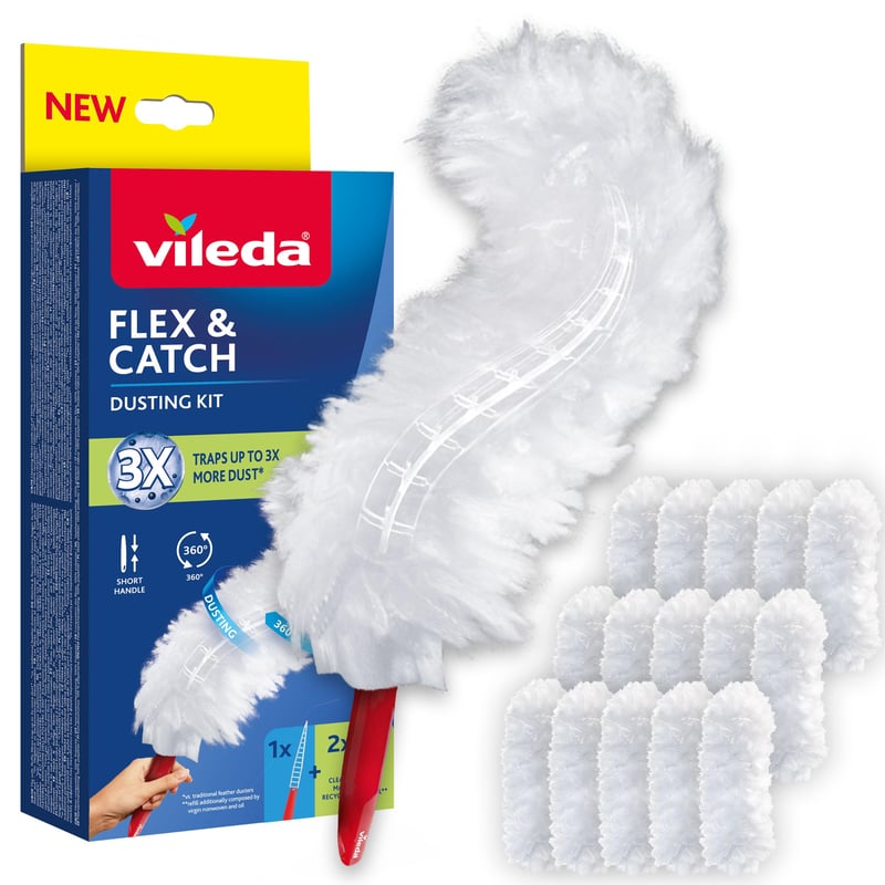 Vileda Flex & Catch štartovacia sada na prach s 15 vymeniteľnými utierkami a krátkou rúčkou, zachytí 3x viac prachu ako bežná prachovka