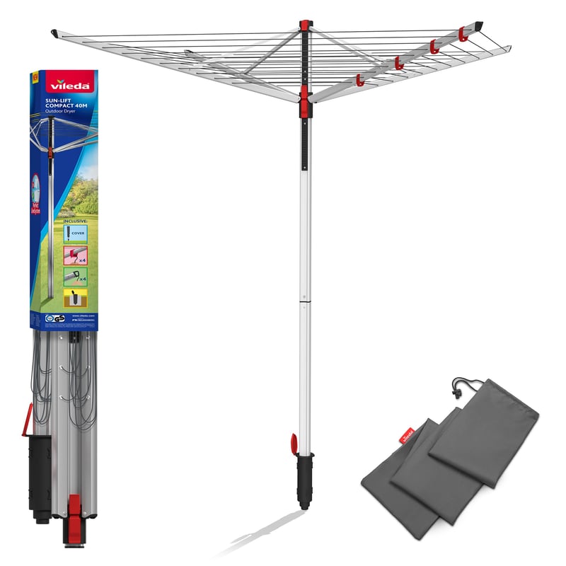 Vileda Sun-Lift Compact okretno sušilo za rublje, 40 m užeta za sušenje, podesiva visina 1,60-1,81 m, sivo, s podnim umetkom i zaštitnom navlakom