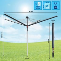 Uscător de rufe exterior Vileda Sun-Rise Premium, lungime de uscare 50 m, aluminiu rezistent la intemperii, înălțime reglabilă 1,67-1,82 m, sistem de fixare patentat 3