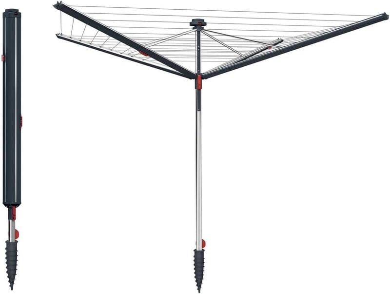 Uscător de rufe exterior Vileda Sun-Rise Premium, lungime de uscare 50 m, aluminiu rezistent la intemperii, înălțime reglabilă 1,67-1,82 m, sistem de fixare patentat