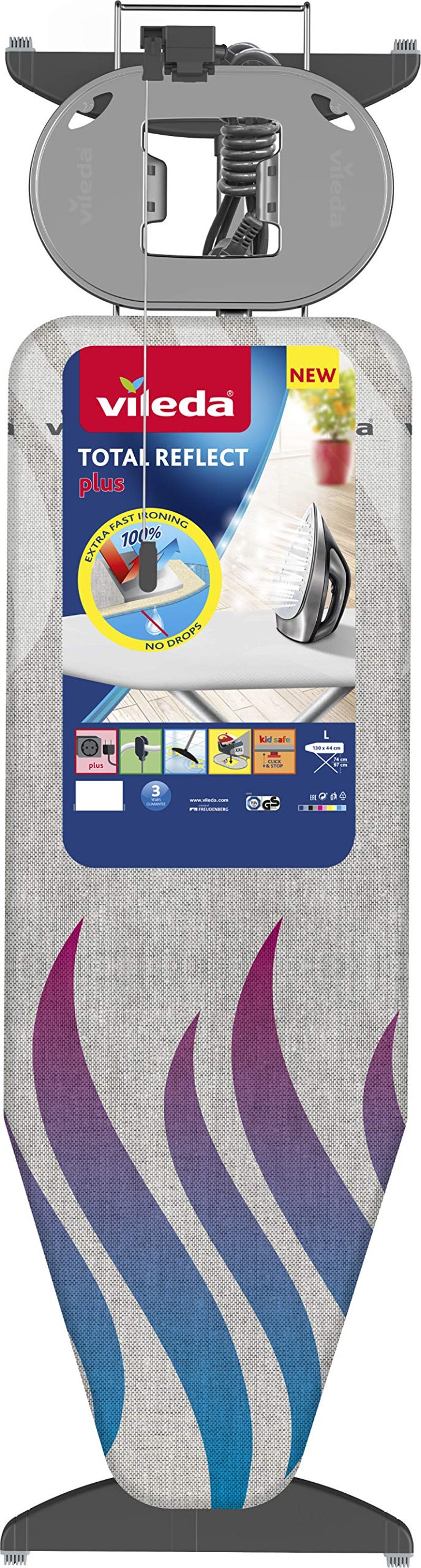 Vileda Total Reflect Plus XXL daska za glačanje 130x44 cm, podesiva visina 74-97 cm, s titanijskim premazom, sklopiva, TÜV certifikat, za parna glačala