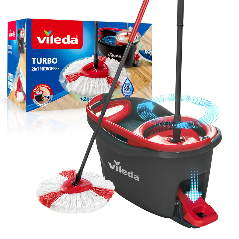 Súprava na upratovanie Vileda Turbo s mikrovláknovým mopom, teleskopickou tyčou 75 – 130 cm, vedrom a odstredivkou na podlahy v ekologickom balení