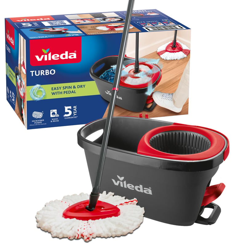 Sada na upratovanie Vileda Turbo s pedálovým žmýkacím mechanizmom, teleskopická rukoväť 65 – 131 cm, mop z mikrovlákna, dôkladné čistenie
