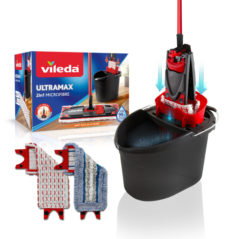 Set mop Vileda Ultramax 2in1 cu rezervă din microfibră și rezervă pentru gresie Tiles Care, cu mâner și găleată PowerPress, pachet Comfort