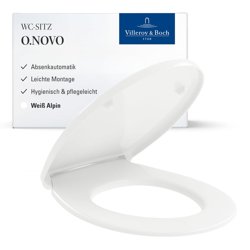 Capac WC Villeroy & Boch O.novo cu închidere lentă, oval, alb alpin, suprafață lucioasă, duroplast incasabil, detașabil