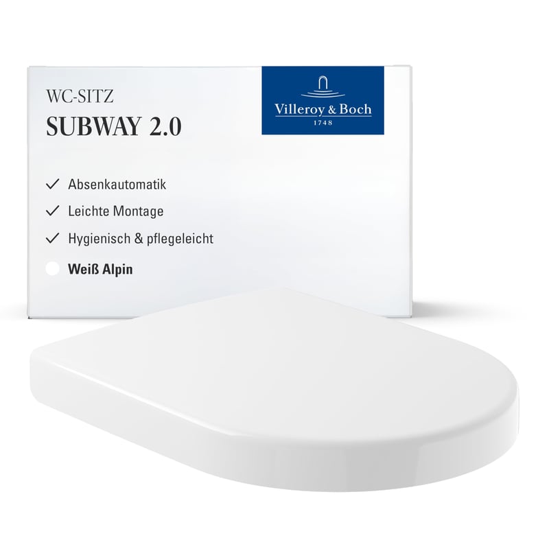 Capac WC Villeroy & Boch Subway 2.0, Duroplast, alb lucios, cu închidere lentă (Soft Close) și detașabil, formă D