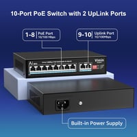 VIMIN 10-Port PoE Switch 8 PoE Porttal, 120W, 2 Uplink Csatlakozóval, AI Védelemmel, VLAN Támogatással, 250m Hatótávolsággal, IEEE802.3af/at 2