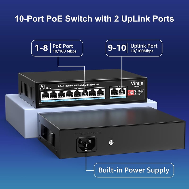 VIMIN 10-Port PoE Switch 8 PoE Porttal, 120W, 2 Uplink Csatlakozóval, AI Védelemmel, VLAN Támogatással, 250m Hatótávolsággal, IEEE802.3af/at