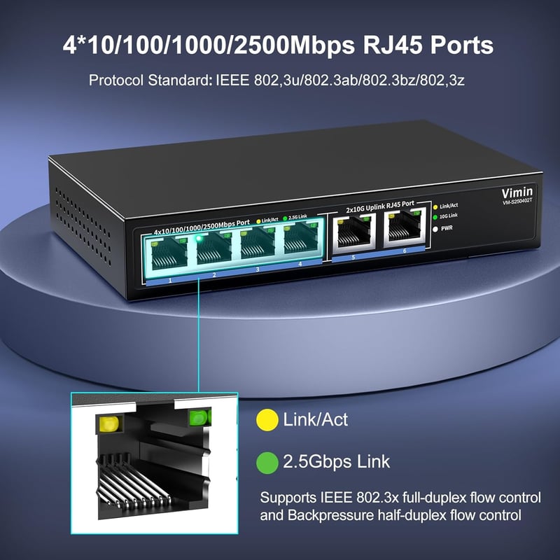 VIMIN 10Gb Hálózati Switch 4x2.5G + 2x10G Port, 60Gbps Asztali/Fali - 2.5G Switch 4 Port