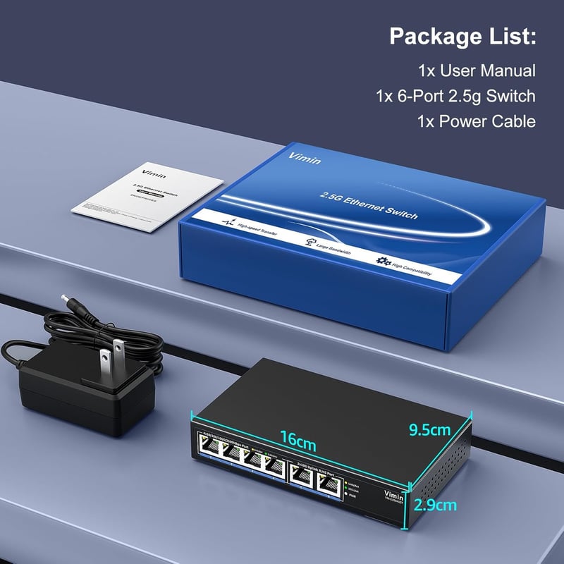 VIMIN 10Gb Hálózati Switch 4x2.5G + 2x10G Port, 60Gbps Asztali/Fali - 2.5G Switch 4 Port
