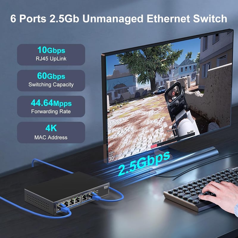 VIMIN 10Gb Hálózati Switch 4x2.5G + 2x10G Port, 60Gbps Asztali/Fali - 2.5G Switch 4 Port
