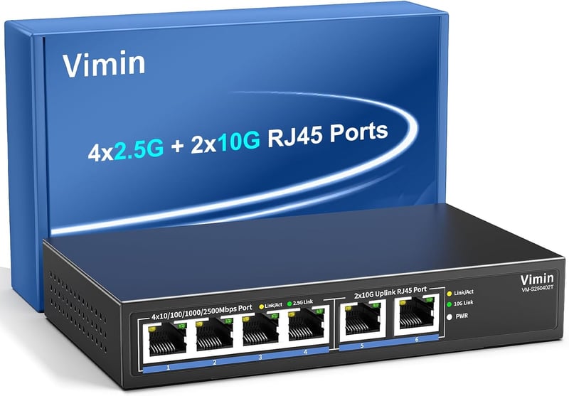 VIMIN 10Gb Hálózati Switch 4x2.5G + 2x10G Port, 60Gbps Asztali/Fali - 2.5G Switch 4 Port