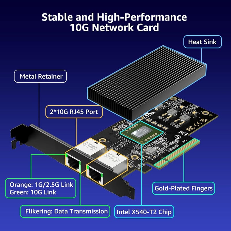 VIMIN 10Gbps Ethernet hálózati kártya PCI-E X540-T2 vezérlővel, 2x RJ45 port