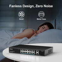 VIMIN 18 Portos Fast Ethernet PoE+ Switch 16 PoE Porttal, 2 Gigabit Uplink Csatlakozóval, 250W Teljesítmény, 250m Hatótáv, VLAN Támogatás 8