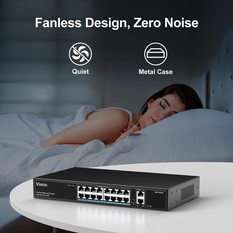 VIMIN 18 Portos Fast Ethernet PoE+ Switch 16 PoE Porttal, 2 Gigabit Uplink Csatlakozóval, 250W Teljesítmény, 250m Hatótáv, VLAN Támogatás