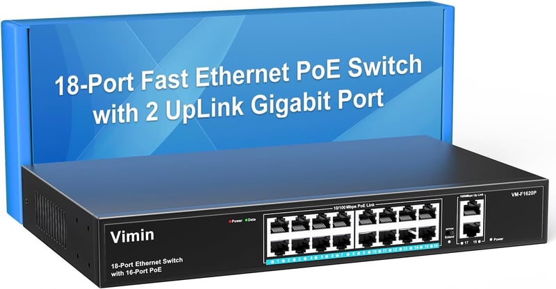 VIMIN 18 Portos Fast Ethernet PoE+ Switch 16 PoE Porttal, 2 Gigabit Uplink Csatlakozóval, 250W Teljesítmény, 250m Hatótáv, VLAN Támogatás