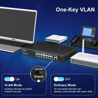 VIMIN 18 Portos Fast Ethernet PoE+ Switch 16 PoE Porttal, 2 Gigabit Uplink Csatlakozóval, 250W Teljesítmény, 250m Hatótáv, VLAN Támogatás 7
