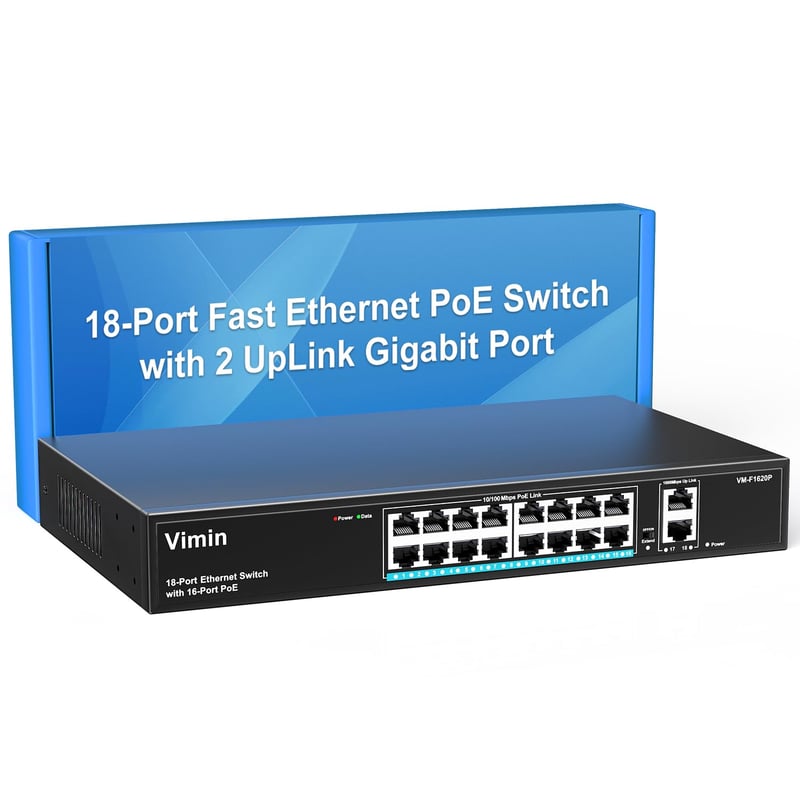 VIMIN 18-portni Fast Ethernet PoE+ switch sa 16 PoE portova, 2 Gigabit Uplink priključka, 250W snage, 250m domet, VLAN podrška