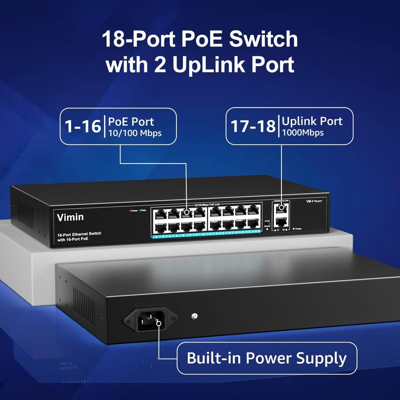 VIMIN 18 Portos Fast Ethernet PoE+ Switch 16 PoE Porttal, 2 Gigabit Uplink Csatlakozóval, 250W Teljesítmény, 250m Hatótáv, VLAN Támogatás