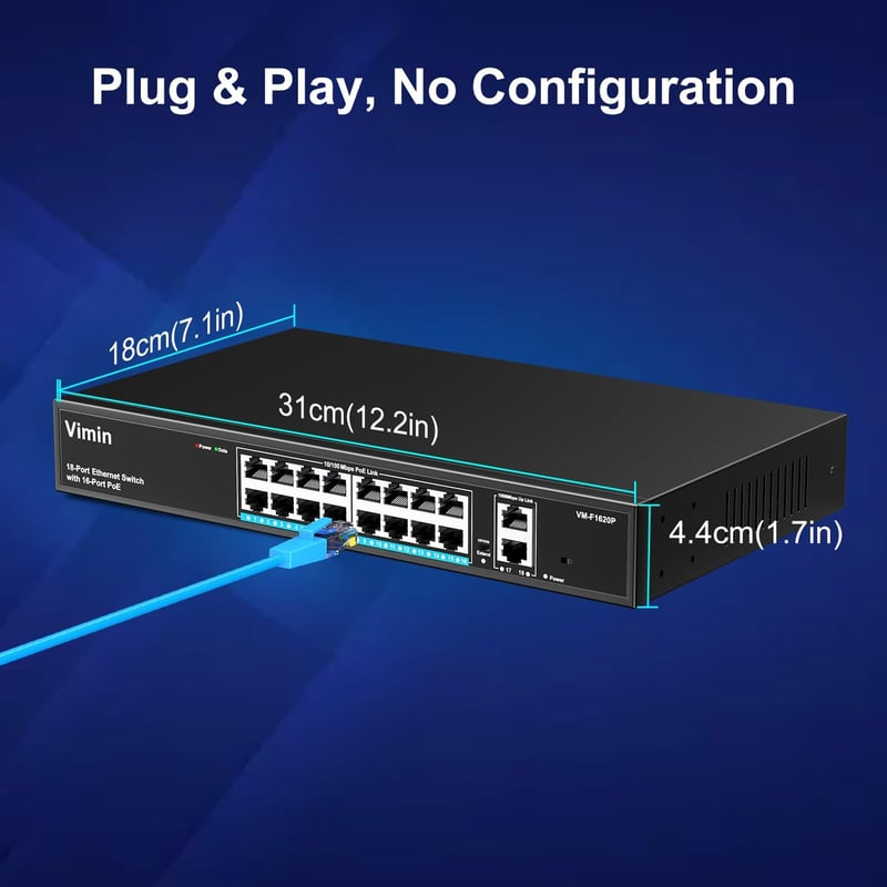 VIMIN 18 Portos Fast Ethernet PoE+ Switch 16 PoE Porttal, 2 Gigabit Uplink Csatlakozóval, 250W Teljesítmény, 250m Hatótáv, VLAN Támogatás