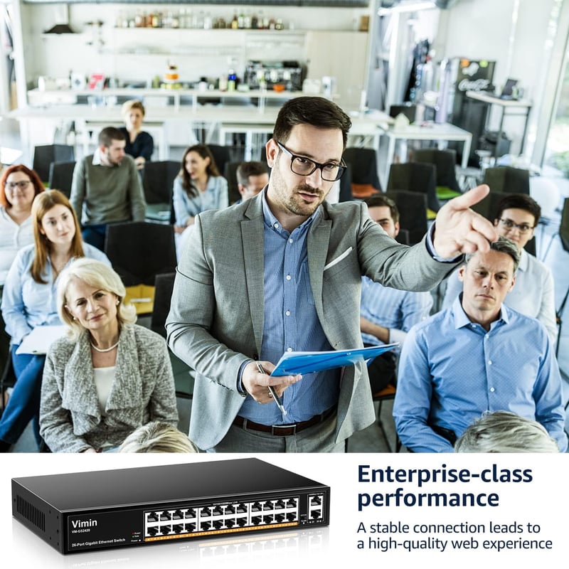 VIMIN 26-Port Gigabit Ethernet Switch 2 Uplink Porttal, 24-Port Menedzseletlen Hálózati Switch, VLAN, IEEE802.3af/at, Fém Ház, Asztali/Rack - 26 Port | 24xEthernet Port | 2xUPLink