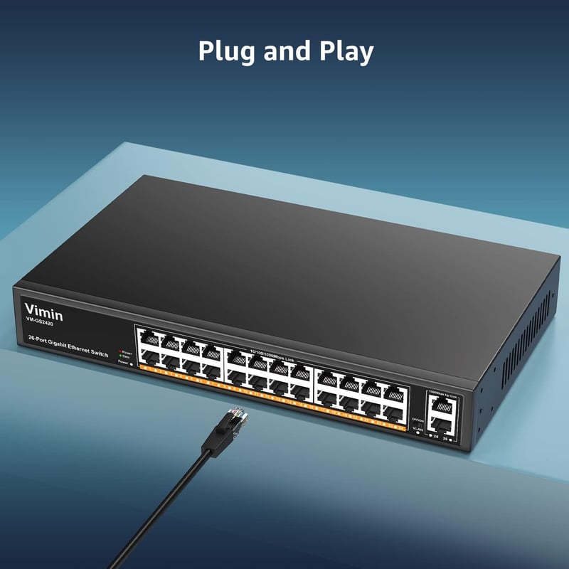 VIMIN 26-Port Gigabit Ethernet Switch 2 Uplink Porttal, 24-Port Menedzseletlen Hálózati Switch, VLAN, IEEE802.3af/at, Fém Ház, Asztali/Rack - 26 Port | 24xEthernet Port | 2xUPLink
