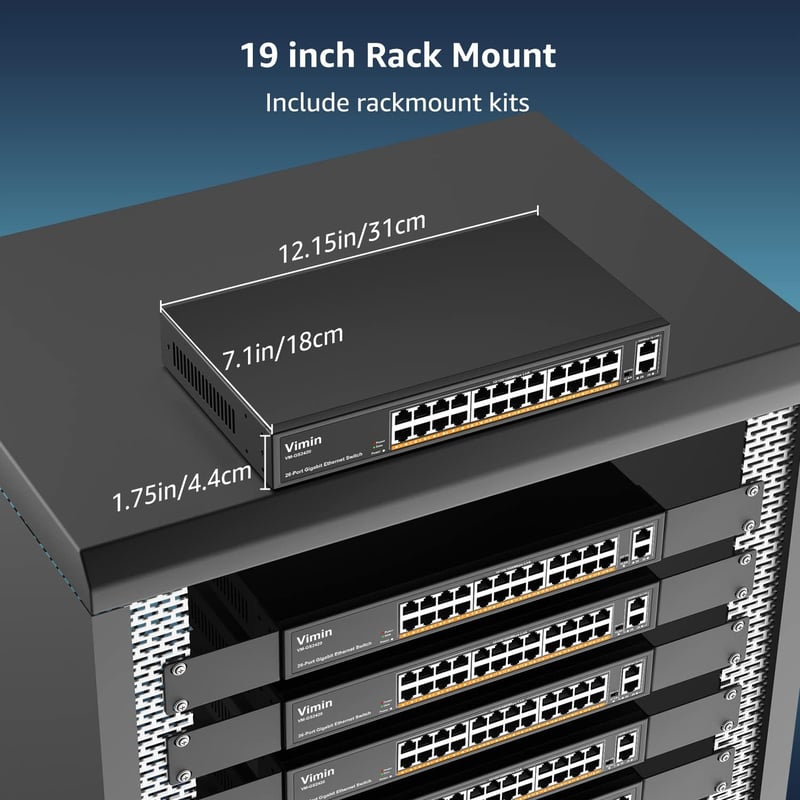 VIMIN 26-Port Gigabit Ethernet Switch 2 Uplink Porttal, 24-Port Menedzseletlen Hálózati Switch, VLAN, IEEE802.3af/at, Fém Ház, Asztali/Rack - 26 Port | 24xEthernet Port | 2xUPLink